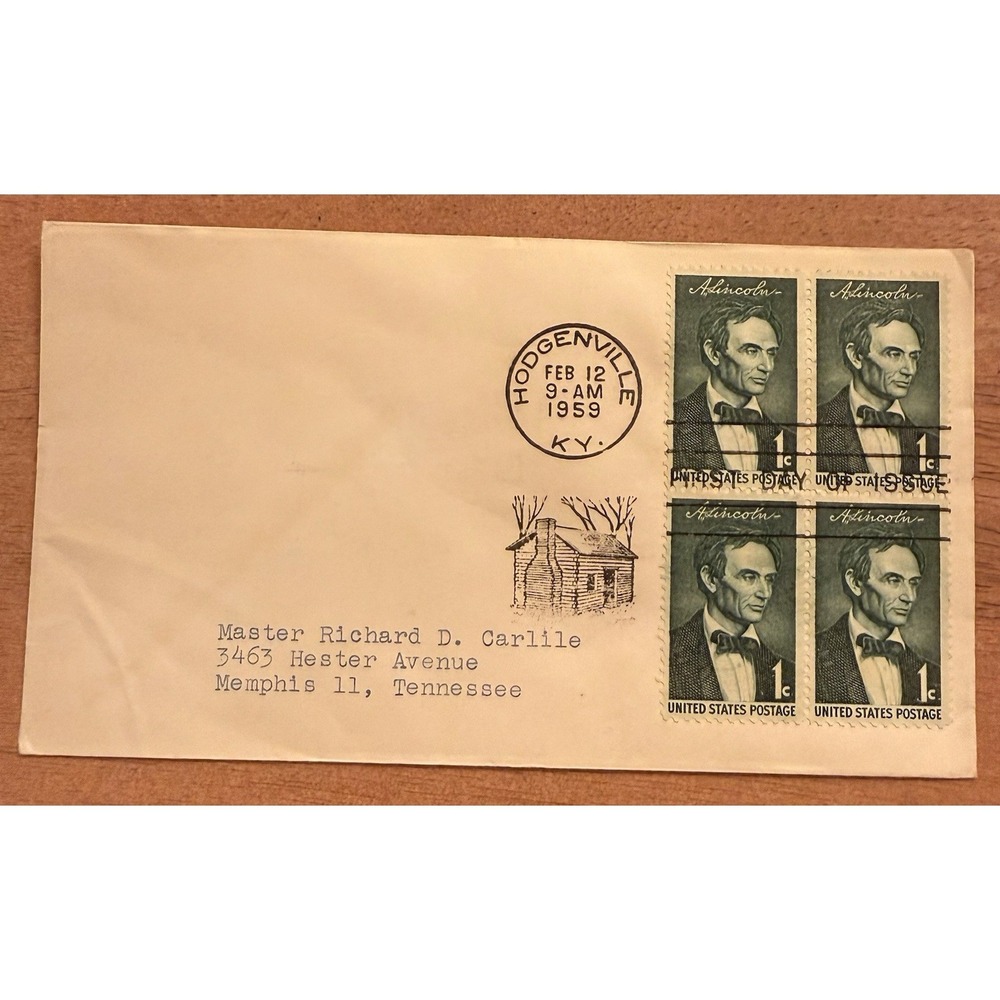 Vintage 1959 Abraham Lincoln 1 Cent Block Of Four First Day Cover Hodgenville KY